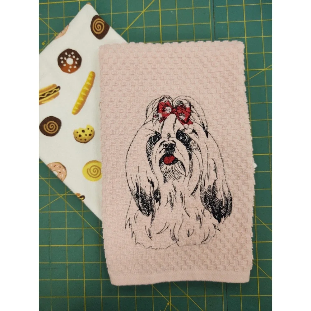 Shih Tzu Dog With Hair Bow Kitchen Bath Hand Bar Towel Set of 2 Great Gift!